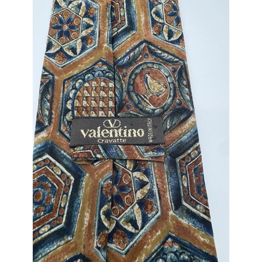 Vintage Valentino Silk Tie Geometric Medallion Brown Blue Necktie‎ Made in Italy